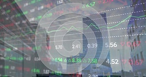 Image of financial data processing over cityscape