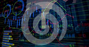 Image of financial data processing over cityscape