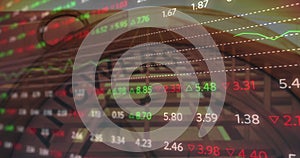 Image of financial data processing over clock and cityscape