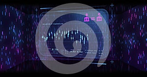 Image of financial data processing over colourful lines on black background