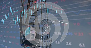 Image of financial data processing over crane in shipyard