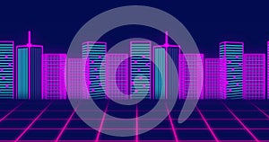 Image of financial data processing over digital city on black background