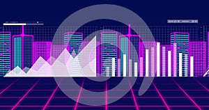 Image of financial data processing over digital city on black background