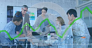 Image of financial data processing over diverse business people