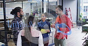 Image of financial data processing over diverse business people