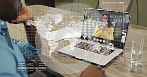 Image of financial data processing over diverse business people on laptop image call