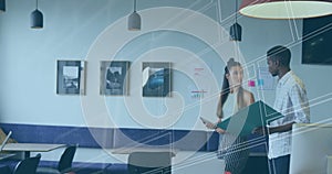 Image of financial data processing over diverse business people in office