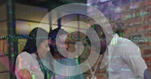 Image of financial data processing over diverse business people at office