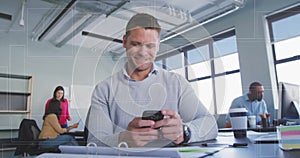 Image of financial data processing over diverse business people in office