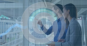 Image of financial data processing over diverse business people working at office