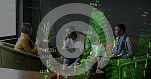 Image of financial data processing over diverse businesspeople in office