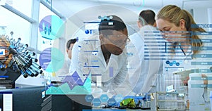 Image of financial data processing over diverse female scientists working in lab