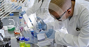 Image of financial data processing over diverse scientists working in lab