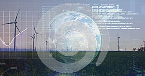 Image of financial data processing over earth and wind turbines