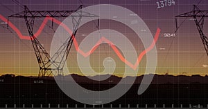 Image of financial data processing over electricity pylons on field