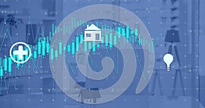 Image of financial data processing over empty office