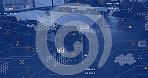 Image of financial data processing over empty office