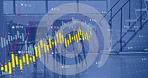 Image of financial data processing over empty office