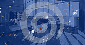 Image of financial data processing over empty office