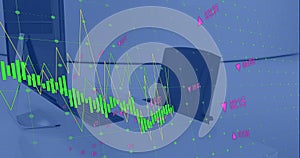 Image of financial data processing over empty office
