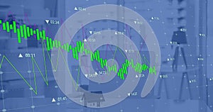 Image of financial data processing over empty office