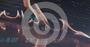 Image of financial data processing over flames