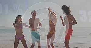 Image of financial data processing over friends on beach