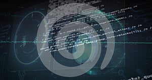 Image of financial data processing over globe on black background