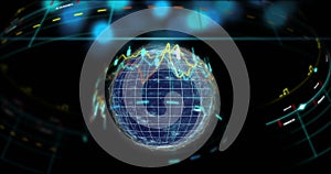 Image of financial data processing over globe on black background