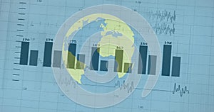 Image of financial data processing over globe on blue background