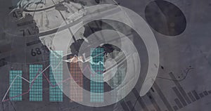 Image of financial data processing over globe on grey background