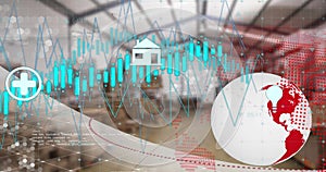 Image of financial data processing over globe and warehouse