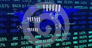 Image of financial data processing over globe and world map