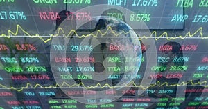 Image of financial data processing over globe and world map