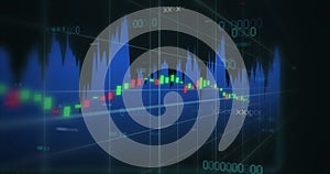 Image of financial data processing over grid on black background