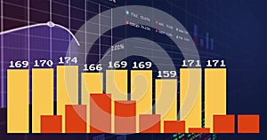 Image of financial data processing over grid on dark background