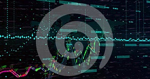 Image of financial data processing over grid on dark background