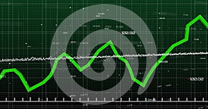 Image of financial data processing over grid on dark background