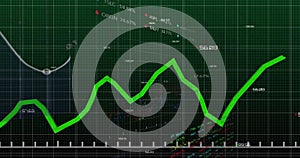 Image of financial data processing over grid on dark background
