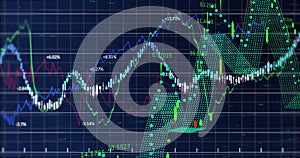 Image of financial data processing over grid on dark background