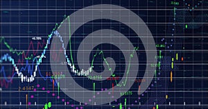 Image of financial data processing over grid on dark background
