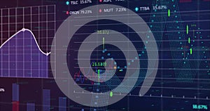 Image of financial data processing over grid on dark background