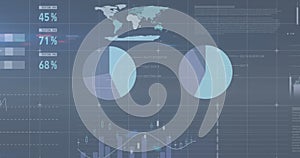 Image of financial data processing over grid on grey background