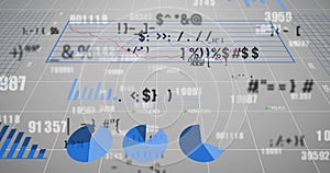 Image of financial data processing over grid on grey background