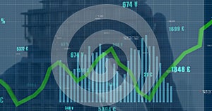 Image of financial data processing over grid and office building