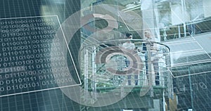 Image of financial data processing over grid and office building background