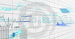 Image of financial data processing over grid on white background