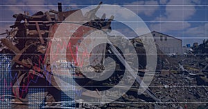 Image of financial data processing over junkyard