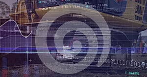 Image of financial data processing over junkyard