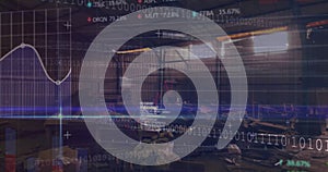 Image of financial data processing over junkyard